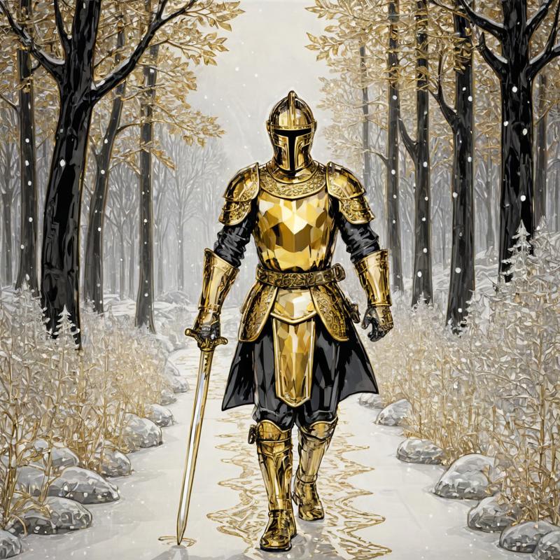 PAMCRYSTAL_17 Socialist Realism, black background, a coloured line drawing of an illuminated gold-toned Thai male knight walking on a path in 1948321102 c=7.5 40 0.4 DPM++ 2M Karras crystalClearXL_ccxl.jpg